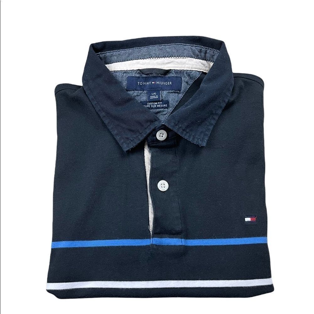 Tommy Hilfiger Polo Shirt Mens Large L Black Striped Custom Fit Short Sleeve